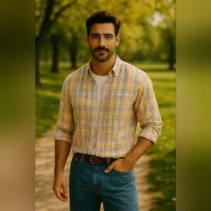 Enro Men’s XXL Rainbow Button Down Shirt Plaid Non-Iron 100% Cotton Tailored